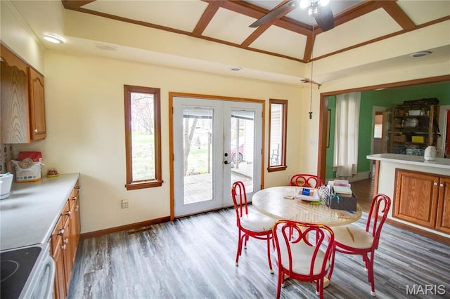 225 Tunison, White Hall, IL 62092 - dining space with baseboards, a ceiling fan, wood finished floors, and french doors