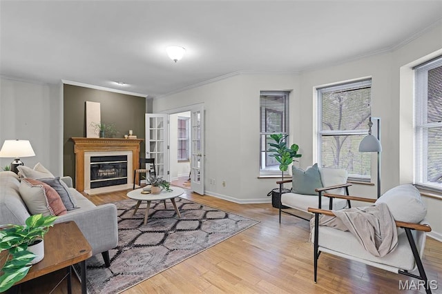 5858 Nina Pl Unit 3E, Saint Louis, MO 63112 - living area with light wood-type flooring, baseboards, a glass covered fireplace, and ornamental molding