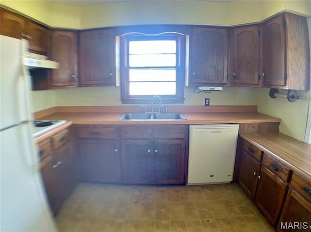 708 Locust St, Edgar Springs, MO 65462 - kitchen featuring white appliances, a sink, under cabinet range hood, and light countertops