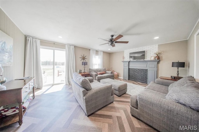 15227 County Road 1110, St James, MO 65559 - living area with ceiling fan, a fireplace, and recessed lighting