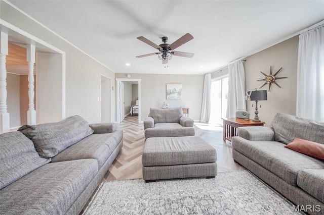 15227 County Road 1110, St James, MO 65559 - living room featuring a ceiling fan and recessed lighting