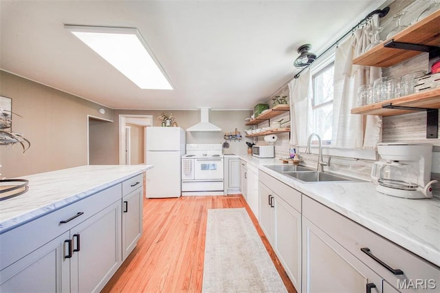 15227 County Road 1110, St James, MO 65559 - kitchen with open shelves, a sink, white appliances, wall chimney range hood, and light wood-style flooring