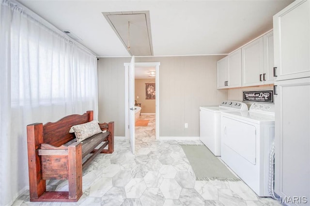 15227 County Road 1110, St James, MO 65559 - washroom featuring attic access, cabinet space, separate washer and dryer, and light marble finish floors