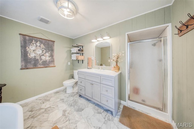 15227 County Road 1110, St James, MO 65559 - bathroom featuring a stall shower, vanity, toilet, ornamental molding, and marble look tiles