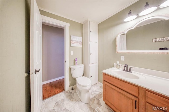 15227 County Road 1110, St James, MO 65559 - bathroom featuring ornamental molding, vanity, and toilet