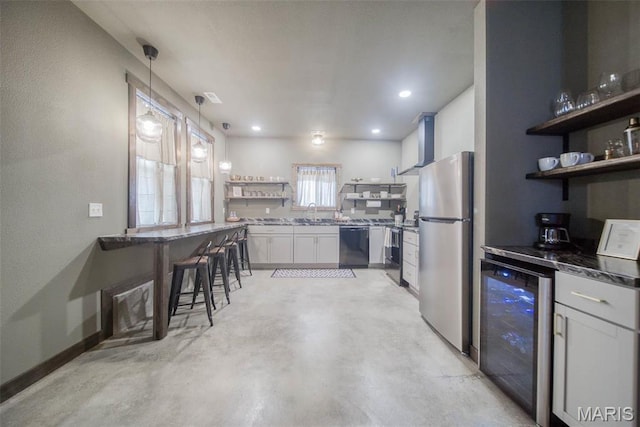 15227 County Road 1110, St James, MO 65559 - kitchen featuring freestanding refrigerator, open shelves, beverage cooler, concrete flooring, and dishwasher