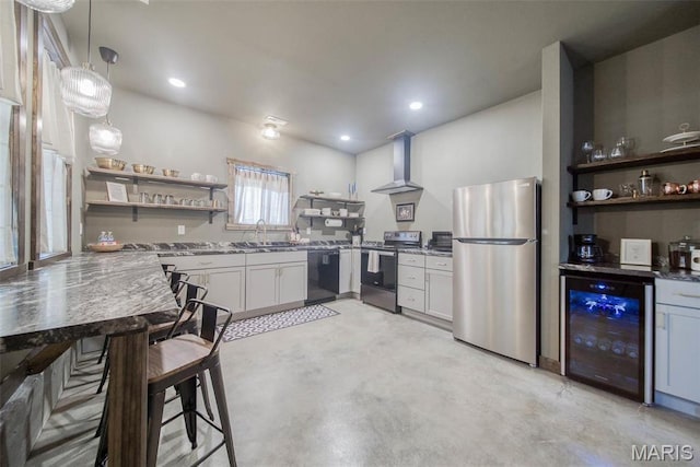 15227 County Road 1110, St James, MO 65559 - kitchen featuring stainless steel appliances, wine cooler, open shelves, wall chimney exhaust hood, and concrete floors
