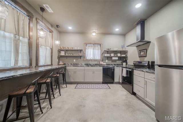 15227 County Road 1110, St James, MO 65559 - kitchen with stainless steel appliances, wall chimney range hood, open shelves, finished concrete flooring, and a sink