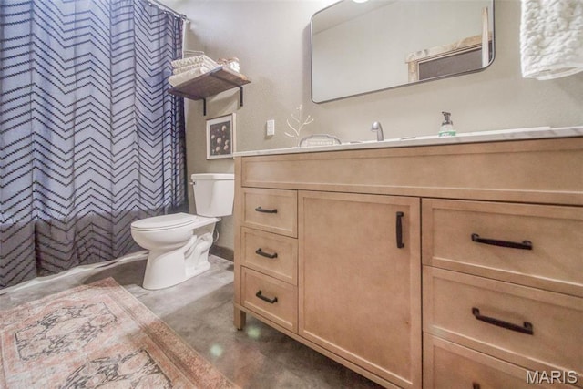 15227 County Road 1110, St James, MO 65559 - full bath featuring toilet, finished concrete flooring, vanity, and a shower with shower curtain