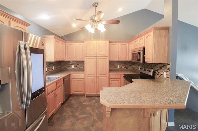23332 Righteous Ln, Waynesville, MO 65583 - kitchen featuring stainless steel appliances, a peninsula, light brown cabinets, a ceiling fan, and decorative backsplash