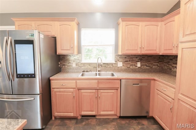 23332 Righteous Ln, Waynesville, MO 65583 - kitchen featuring stainless steel appliances, light brown cabinets, light countertops, and backsplash