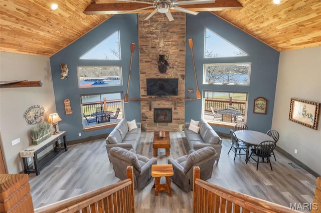 1318 Stormy Point Rd Unit 7, Branson, MO 65616 - living area with wooden ceiling, a ceiling fan, wood finished floors, a stone fireplace, and high vaulted ceiling