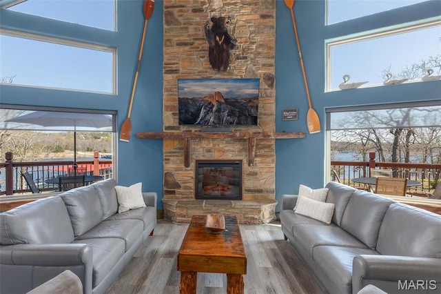 1318 Stormy Point Rd Unit 7, Branson, MO 65616 - living area featuring a towering ceiling, a stone fireplace, wood finished floors, and plenty of natural light