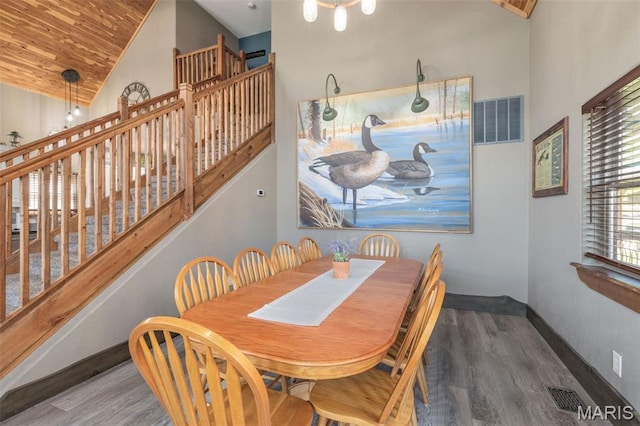 1318 Stormy Point Rd Unit 7, Branson, MO 65616 - dining room featuring wood finished floors, baseboards, stairway, and high vaulted ceiling