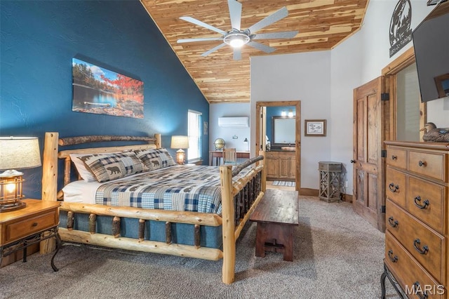 1318 Stormy Point Rd Unit 7, Branson, MO 65616 - bedroom featuring carpet flooring, wood ceiling, lofted ceiling, an AC wall unit, and a ceiling fan