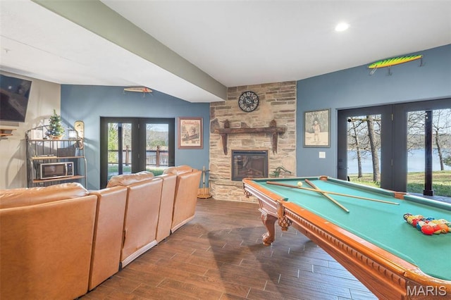 1318 Stormy Point Rd Unit 7, Branson, MO 65616 - recreation room featuring a fireplace, wood finished floors, recessed lighting, billiards, and french doors