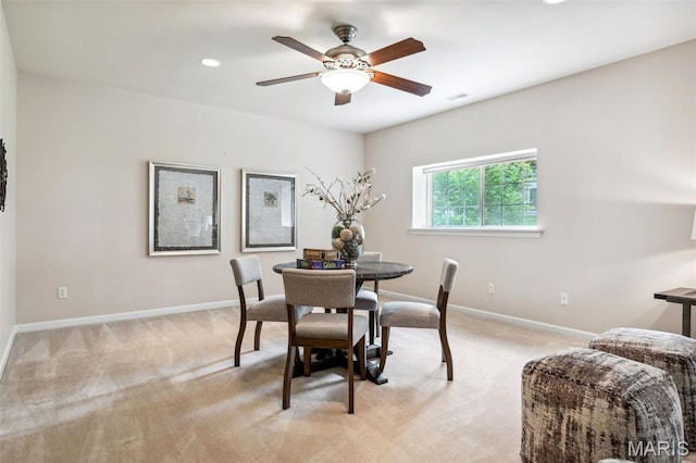 104 Eagle Cove Pl Unit 39B, Saint Charles, MO 63303 - dining room with a ceiling fan, light colored carpet, baseboards, and recessed lighting