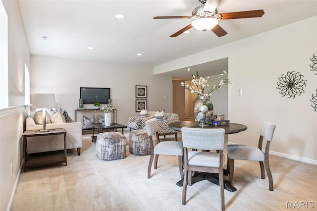 104 Eagle Cove Pl Unit 39B, Saint Charles, MO 63303 - dining space with baseboards, light carpet, ceiling fan, and recessed lighting