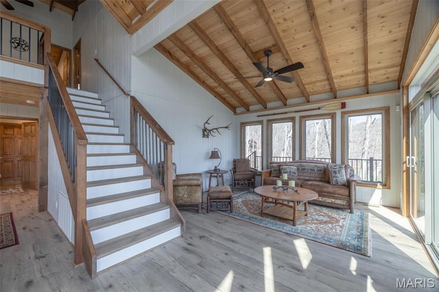 370 Alpine Bend Dr, Wright City, MO 63390 - living area featuring a ceiling fan, wood finished floors, wood ceiling, high vaulted ceiling, and stairway