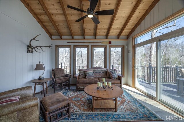 370 Alpine Bend Dr, Wright City, MO 63390 - living room with wooden ceiling, ceiling fan, wood finished floors, and wood walls