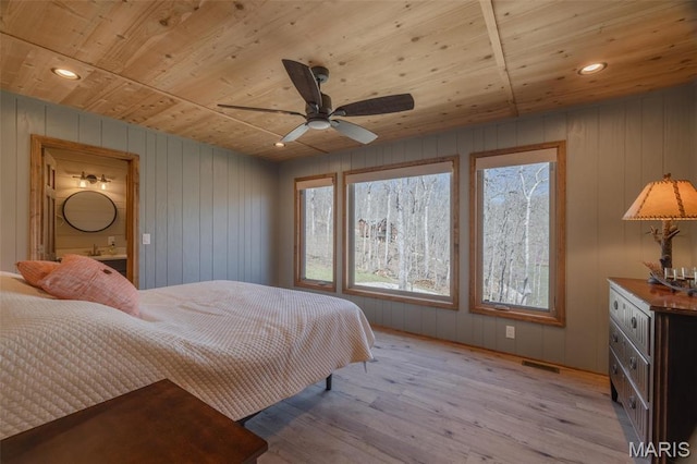 370 Alpine Bend Dr, Wright City, MO 63390 - bedroom featuring wood ceiling, light wood-style flooring, multiple windows, recessed lighting, and ensuite bathroom