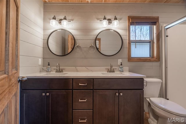 370 Alpine Bend Dr, Wright City, MO 63390 - full bath featuring toilet, double vanity, and wood walls