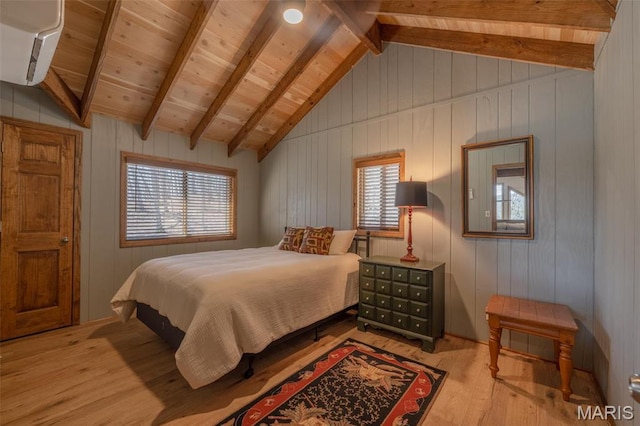 370 Alpine Bend Dr, Wright City, MO 63390 - bedroom featuring light wood-type flooring, wood walls, and wooden ceiling