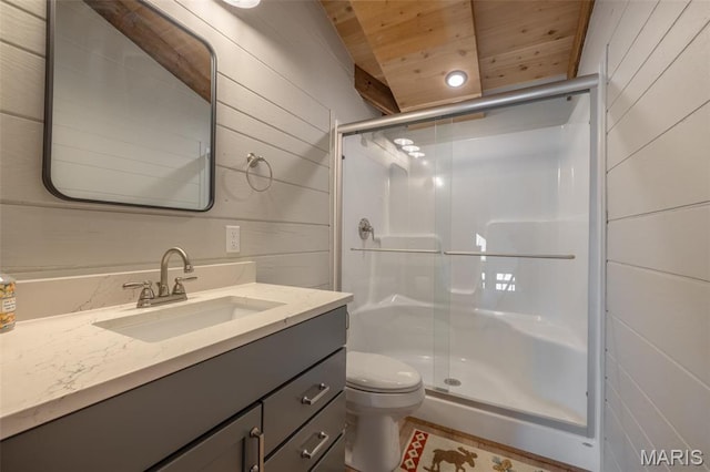 370 Alpine Bend Dr, Wright City, MO 63390 - bathroom featuring a shower stall, wood ceiling, wood walls, toilet, and vanity