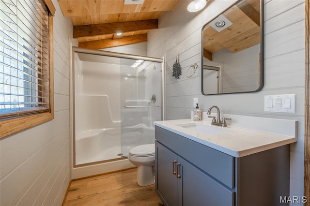 370 Alpine Bend Dr, Wright City, MO 63390 - bathroom with wood ceiling, wood finished floors, a stall shower, beam ceiling, and toilet