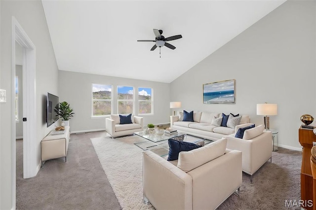 407 Forby Estates Dr, Eureka, MO 63025 - carpeted living area featuring a ceiling fan, baseboards, and high vaulted ceiling