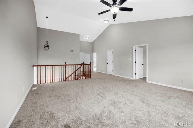 407 Forby Estates Dr, Eureka, MO 63025 - carpeted empty room with a ceiling fan, high vaulted ceiling, and baseboards