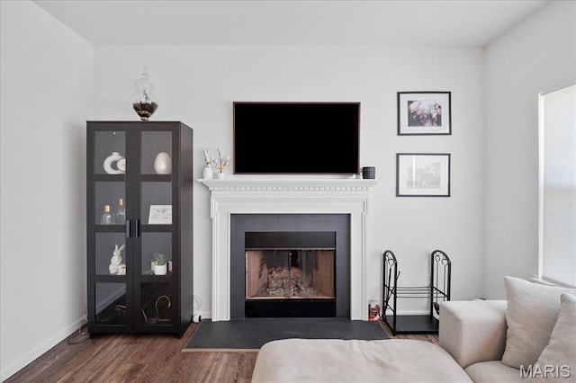 145 Pampano Ln, Saint Charles, MO 63301 - living room featuring dark wood-style flooring, a fireplace with flush hearth, and baseboards