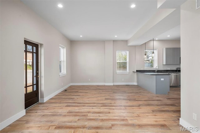 6800 Minnesota Ave, Saint Louis, MO 63111 - kitchen featuring stainless steel dishwasher, healthy amount of natural light, dark countertops, recessed lighting, and light wood finished floors