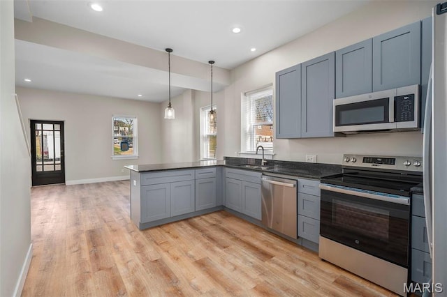 6800 Minnesota Ave, Saint Louis, MO 63111 - kitchen with stainless steel appliances, healthy amount of natural light, a peninsula, gray cabinetry, and recessed lighting