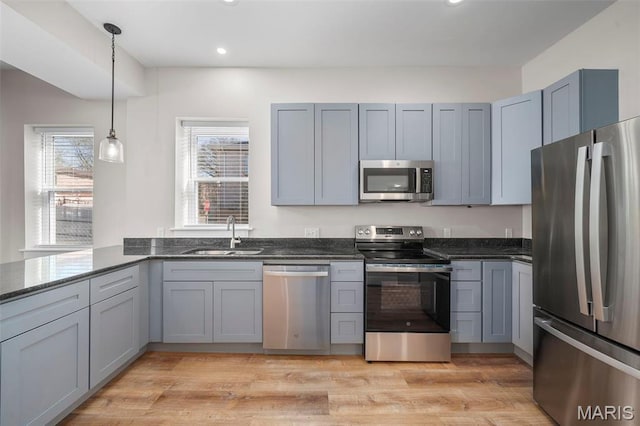6800 Minnesota Ave, Saint Louis, MO 63111 - kitchen with appliances with stainless steel finishes, a sink, pendant lighting, recessed lighting, and gray cabinetry