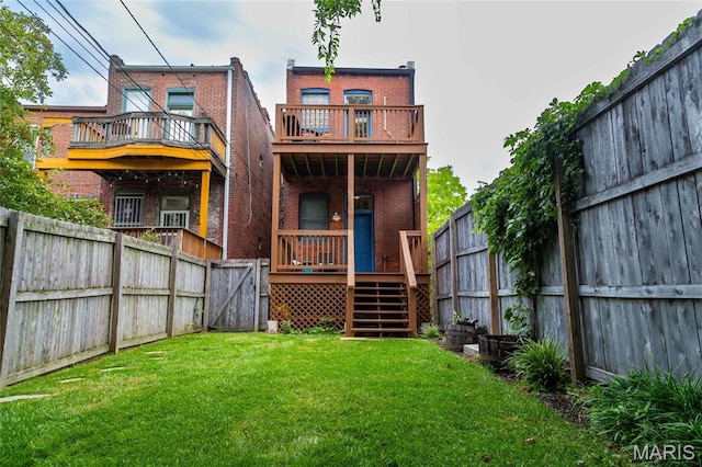 rear view of property with brick siding, stairs, and a gate