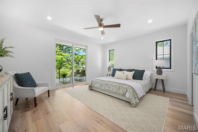 bedroom featuring access to outside, light wood-type flooring, recessed lighting, ceiling fan, and baseboards