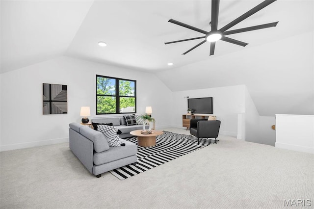 living room featuring lofted ceiling, a ceiling fan, carpet, baseboards, and recessed lighting