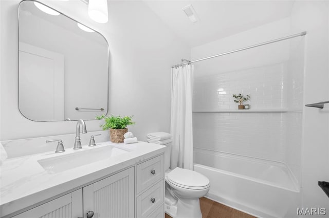 full bathroom with toilet, vanity, shower / bathtub combination with curtain, and wood finished floors