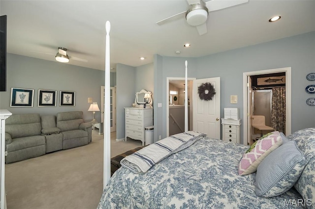 carpeted bedroom featuring ceiling fan and recessed lighting