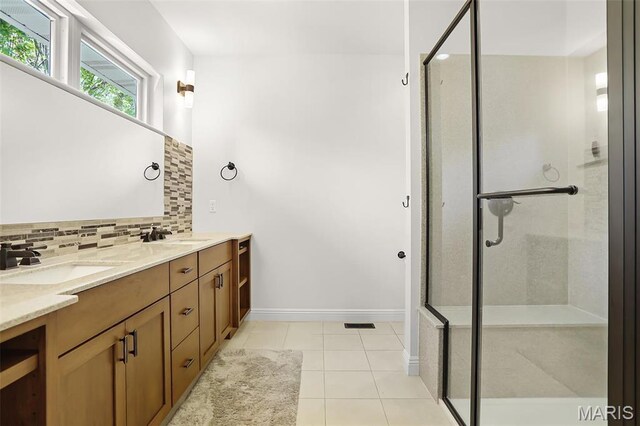 1420 Randle St, Edwardsville, IL 62025 - full bath featuring a stall shower, tile patterned flooring, backsplash, double vanity, and baseboards