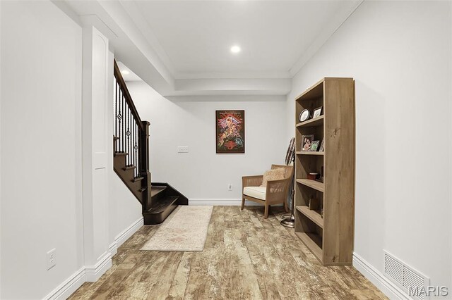 1420 Randle St, Edwardsville, IL 62025 - interior space featuring stairway, wood finished floors, baseboards, and recessed lighting