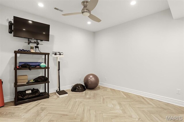 1420 Randle St, Edwardsville, IL 62025 - exercise room featuring a ceiling fan, baseboards, and recessed lighting