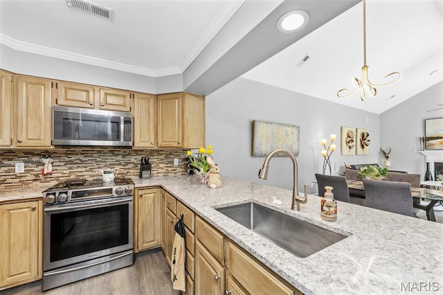 kitchen with stainless steel appliances, a sink, light stone counters, wood finished floors, and lofted ceiling