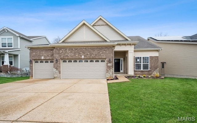 view of front of property with an attached garage, driveway, brick siding, a front yard, and roof with shingles