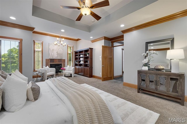 10711 Kennerly Rd, Saint Louis, MO 63128 - carpeted bedroom with ornamental molding, a chandelier, recessed lighting, baseboards, and a tray ceiling