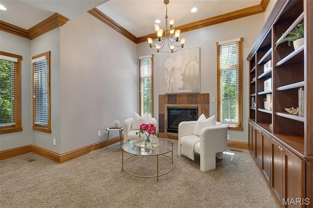 10711 Kennerly Rd, Saint Louis, MO 63128 - living area with carpet, crown molding, baseboards, a chandelier, and a tiled fireplace
