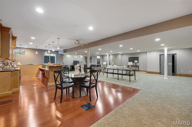 10711 Kennerly Rd, Saint Louis, MO 63128 - dining area featuring decorative columns, a ceiling fan, light wood-style floors, recessed lighting, and baseboards