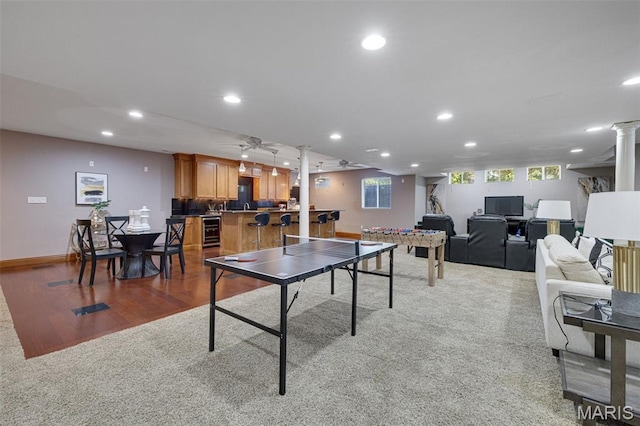 10711 Kennerly Rd, Saint Louis, MO 63128 - rec room featuring beverage cooler, decorative columns, recessed lighting, plenty of natural light, and baseboards