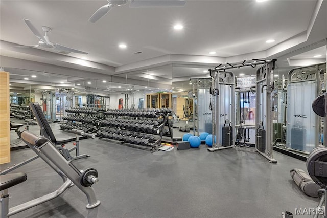 10711 Kennerly Rd, Saint Louis, MO 63128 - gym with ceiling fan and recessed lighting